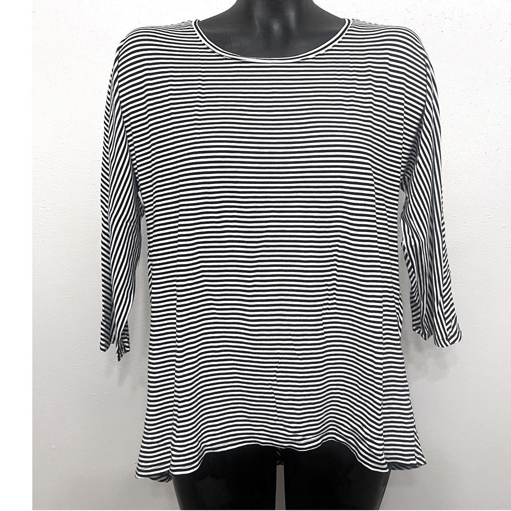 Chico's Tunic‎ Top Black/White Stripes Womens M Crew Neck 3/4 Sleeve Coastal